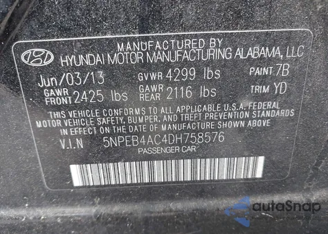 2013 Hyundai Sonata Gls z USA, uszkodzony, nr VIN 5NPEB4AC4DH758576